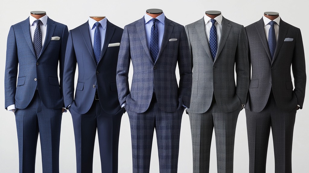 正裝定義中的商務西裝布料選擇，五款藍色與灰色西裝展示耐磨、低光澤的羊毛或混紡面料。